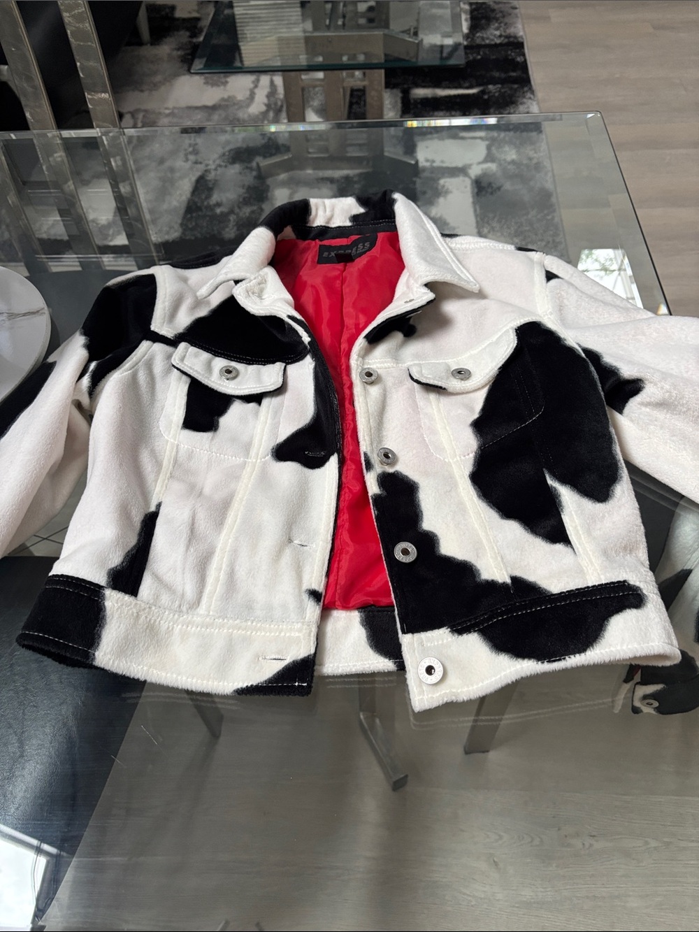 Express Black & White Cow Print Jean Jacket with Red Lining